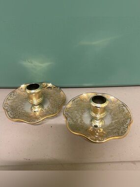 Vintage Chance Glass Gold Lace Candle Holders Set of 2